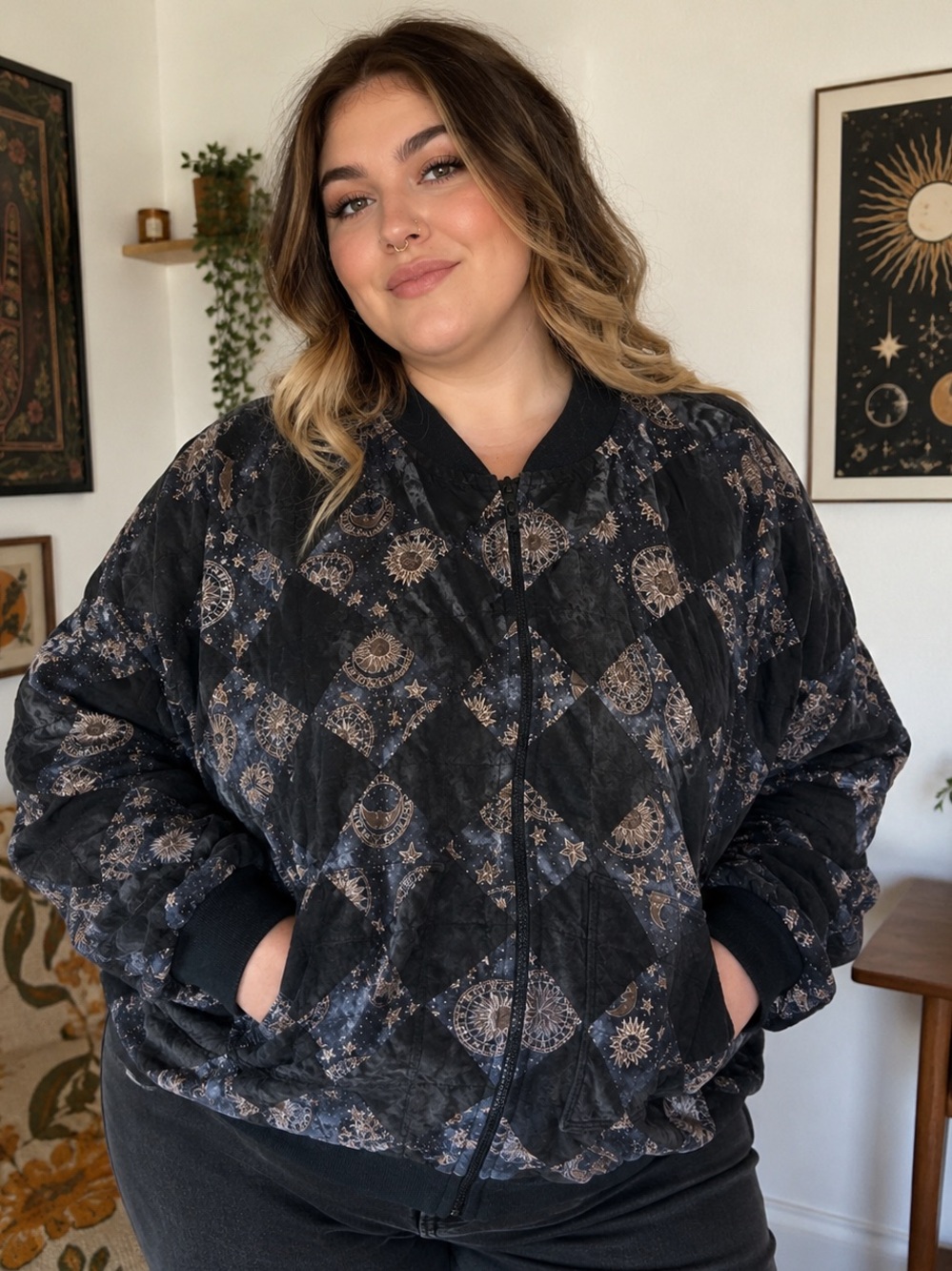 Celestial Quilted Black Pattern Bomber Jacket - Women